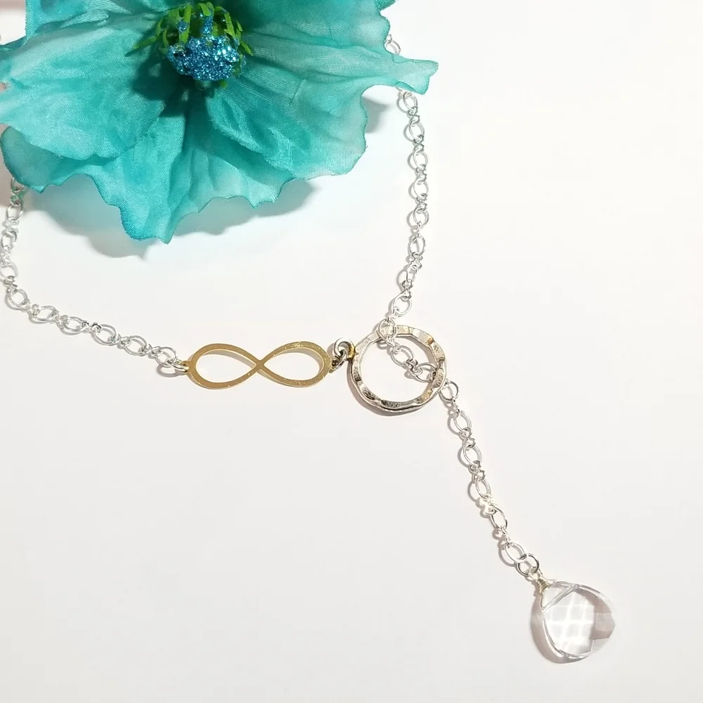 Infinity symbol necklace thread through clear briolette silver gold tone